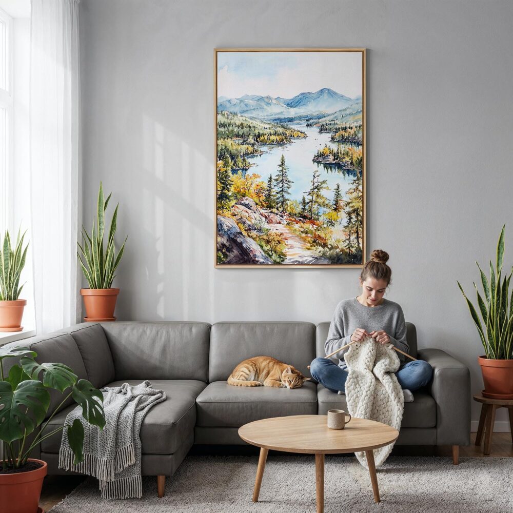 04 - Adirondack Mountains Watercolor Canvas Print with Natural Floater Frame - Woman Knitting on grey couch - Vertical.jpg 04 - Adirondack Mountains Watercolor Canvas Print with Natural Floater Frame - Woman Knitting on grey couch - Vertical.jpg