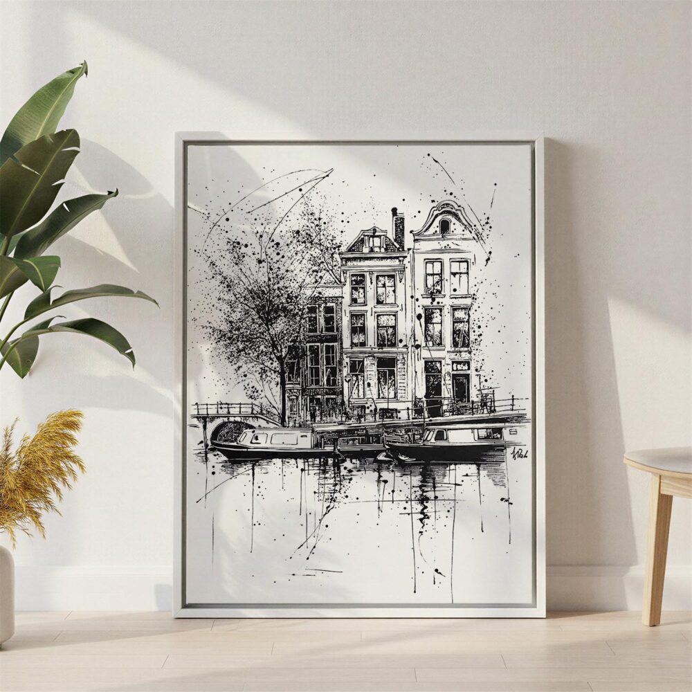 04 - Amsterdam - Pencil Drawing - 3 Canvas Print with White Floater Frame - Standing on Floor - Vertical.jpg 04 - Amsterdam - Pencil Drawing - 3 Canvas Print with White Floater Frame - Standing on Floor - Vertical.jpg