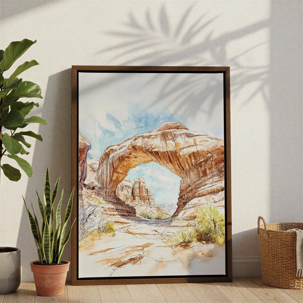 04 - Arches National Park Watercolor Canvas Print with Brown Floater Frame - Standing on Floor - Vertical.jpg 04 - Arches National Park Watercolor Canvas Print with Brown Floater Frame - Standing on Floor - Vertical.jpg