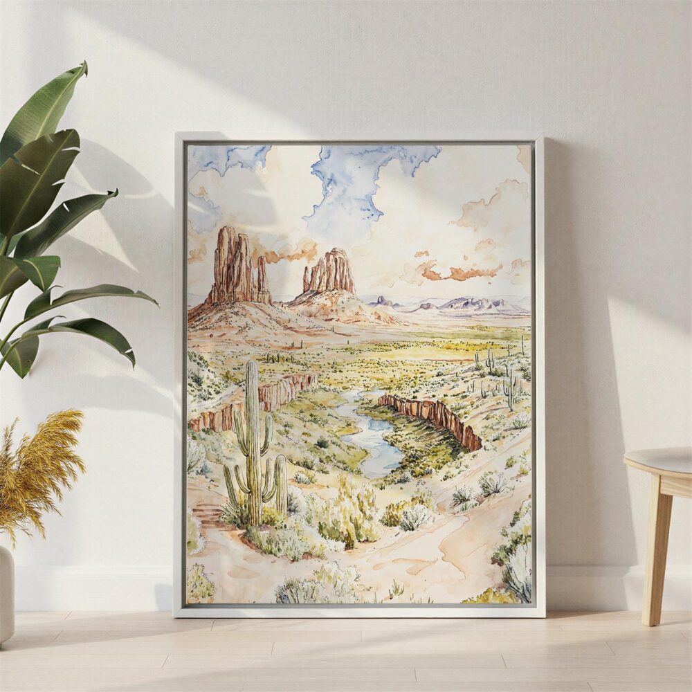 04 - Arizona Watercolor Canvas Print with White Floater Frame - Standing on Floor - Vertical.jpg 04 - Arizona Watercolor Canvas Print with White Floater Frame - Standing on Floor - Vertical.jpg