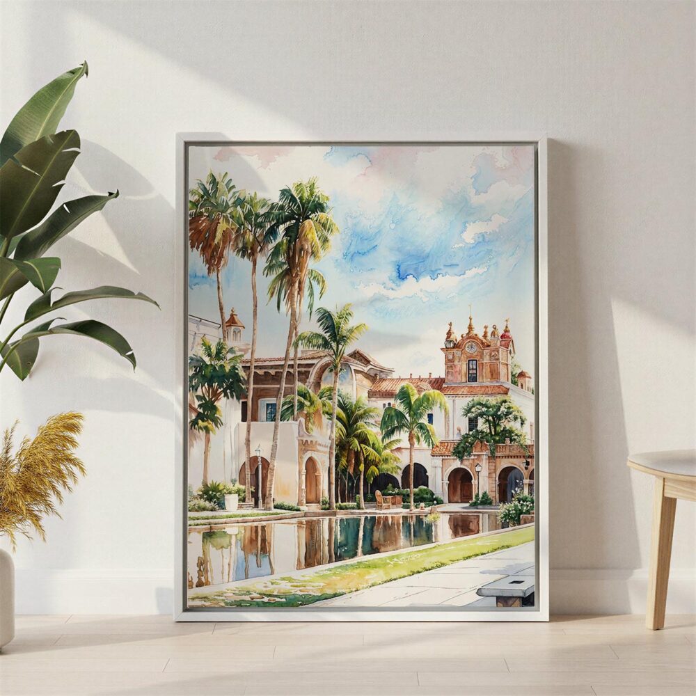 04 - Balboa Park Watercolor Canvas Print with White Floater Frame - Standing on Floor - Vertical.jpg 04 - Balboa Park Watercolor Canvas Print with White Floater Frame - Standing on Floor - Vertical.jpg
