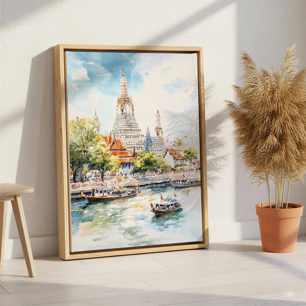 04 - Bangkok Wat Arun Watercolor Canvas Print with Natural Floater Frame - Standing on Floor - Vertical.jpg 04 - Bangkok Wat Arun Watercolor Canvas Print with Natural Floater Frame - Standing on Floor - Vertical.jpg
