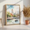 04 - Bangkok Wat Arun Watercolor Canvas Print with Natural Floater Frame - Standing on Floor - Vertical.jpg