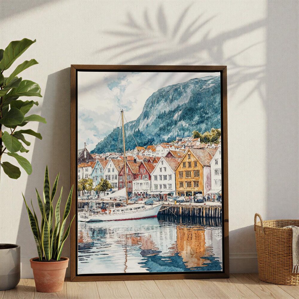 04 - Bergen Norway Watercolor Canvas Print with Brown Floater Frame - Standing on Floor - Vertical.jpg 04 - Bergen Norway Watercolor Canvas Print with Brown Floater Frame - Standing on Floor - Vertical.jpg