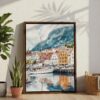04 - Bergen Norway Watercolor Canvas Print with Brown Floater Frame - Standing on Floor - Vertical.jpg