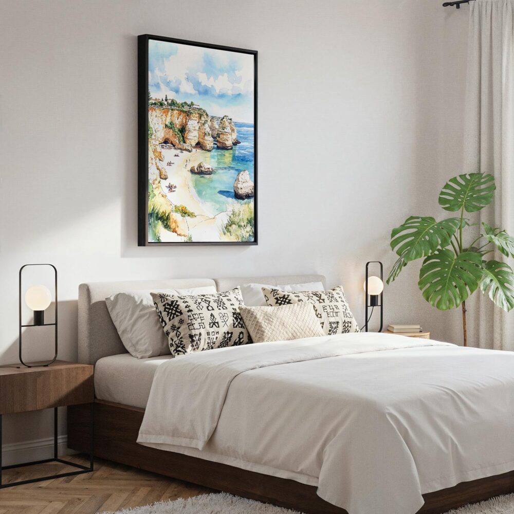 04 - Black Framed Algarve Beach Watercolor Canvas Print - Bedroom - Vertical.jpg 04 - Black Framed Algarve Beach Watercolor Canvas Print - Bedroom - Vertical.jpg