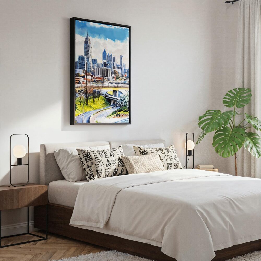 04 - Black Framed Atlanta Skyline Watercolor Canvas Print - Bedroom - Vertical.jpg 04 - Black Framed Atlanta Skyline Watercolor Canvas Print - Bedroom - Vertical.jpg