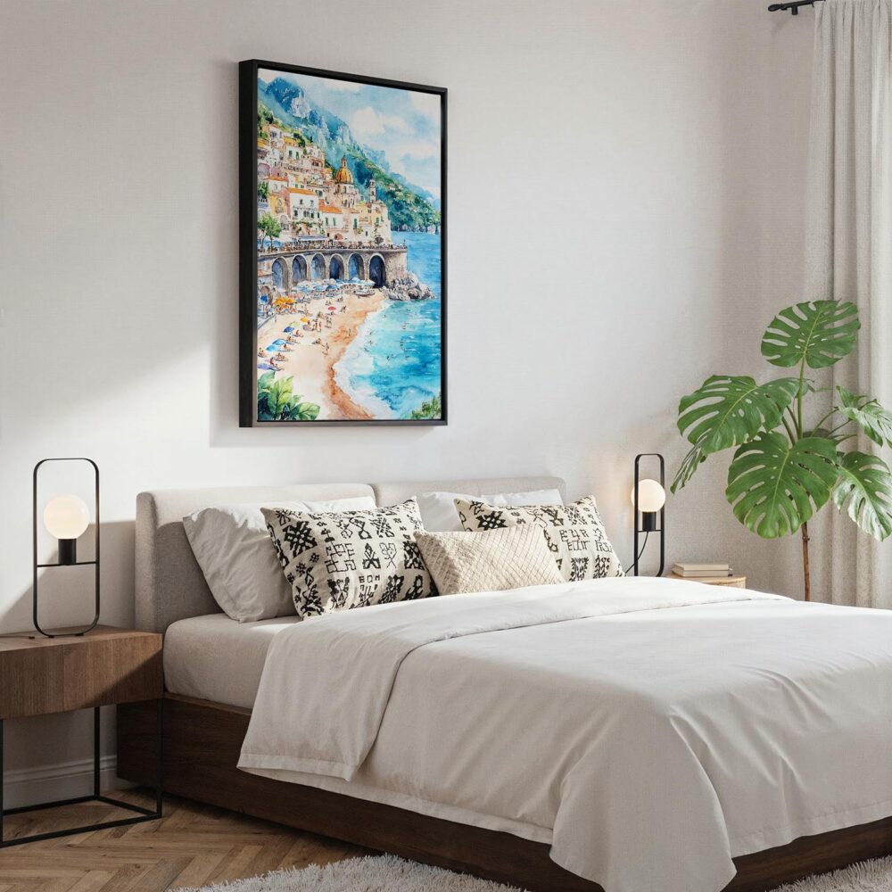 04 - Black Framed Atrani Italy Watercolor Canvas Print - Bedroom - Vertical.jpg 04 - Black Framed Atrani Italy Watercolor Canvas Print - Bedroom - Vertical.jpg