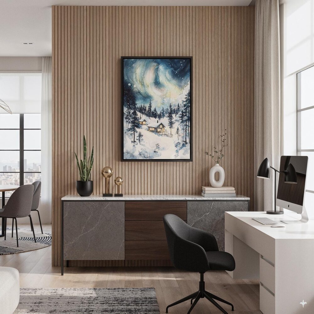 04 - Black Framed Aurora Lapland Finland Watercolor Canvas Print - Home Office - Vertical.jpg 04 - Black Framed Aurora Lapland Finland Watercolor Canvas Print - Home Office - Vertical.jpg