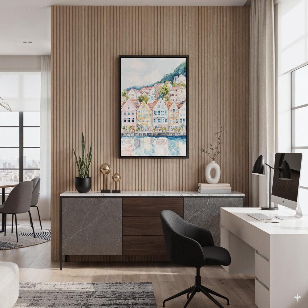 04 - Black Framed Bergen Norway Houses Watercolor Canvas Print - Home Office - Vertical.jpg 04 - Black Framed Bergen Norway Houses Watercolor Canvas Print - Home Office - Vertical.jpg