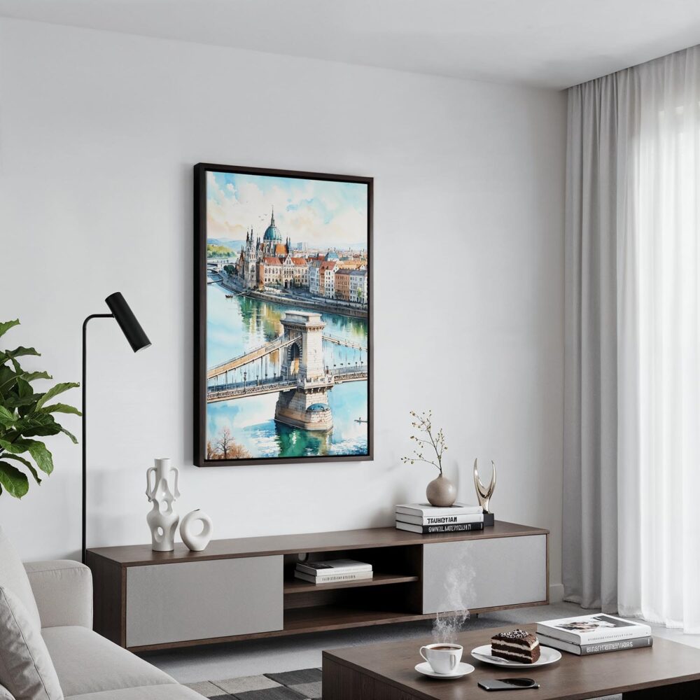 04 - Black Framed Budapest Hungary Watercolor Canvas Print - Contemporary Living Room - Vertical.jpg 04 - Black Framed Budapest Hungary Watercolor Canvas Print - Contemporary Living Room - Vertical.jpg