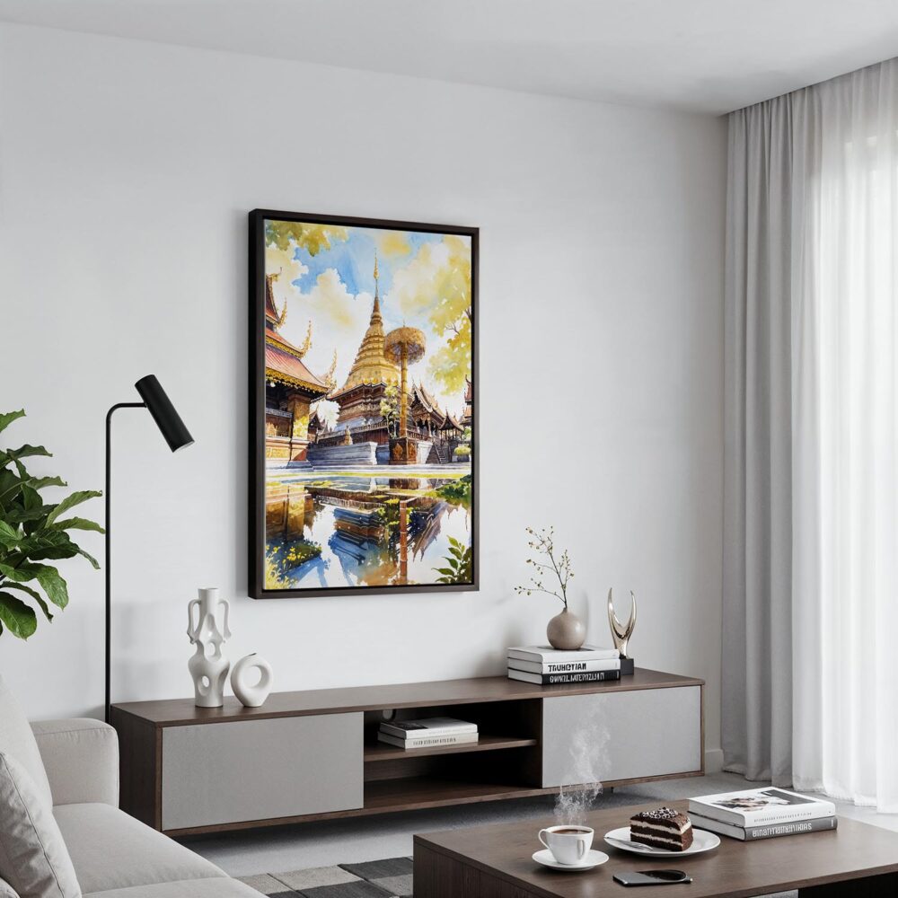 04 - Black Framed Chiang Mai Doi Suthep Watercolor Canvas Print - Contemporary Living Room - Vertical.jpg 04 - Black Framed Chiang Mai Doi Suthep Watercolor Canvas Print - Contemporary Living Room - Vertical.jpg