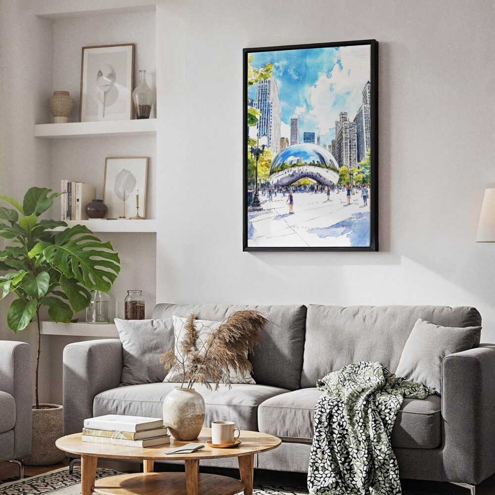 04 - Black Framed Chicago The Bean Cloud Gate Watercolor Canvas Print - Skandinavian Living Room - Vertical.jpg 04 - Black Framed Chicago The Bean Cloud Gate Watercolor Canvas Print - Skandinavian Living Room - Vertical.jpg