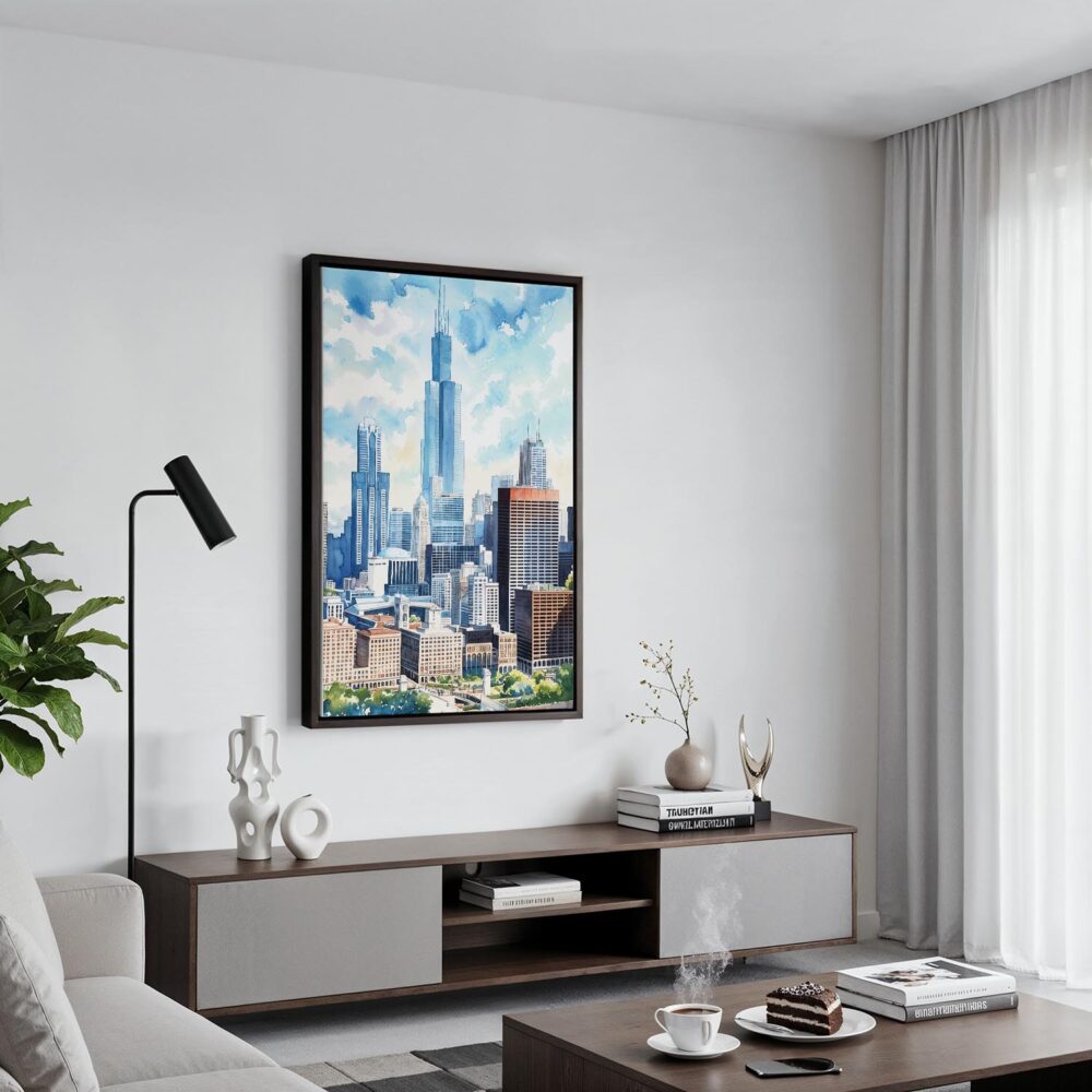 04 - Black Framed Chicago Willis Tower Watercolor Canvas Print - Contemporary Living Room - Vertical.jpg 04 - Black Framed Chicago Willis Tower Watercolor Canvas Print - Contemporary Living Room - Vertical.jpg