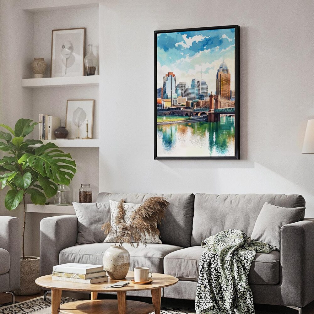 04 - Black Framed Cincinnati Ohio Watercolor Canvas Print - Skandinavian Living Room - Vertical.jpg 04 - Black Framed Cincinnati Ohio Watercolor Canvas Print - Skandinavian Living Room - Vertical.jpg