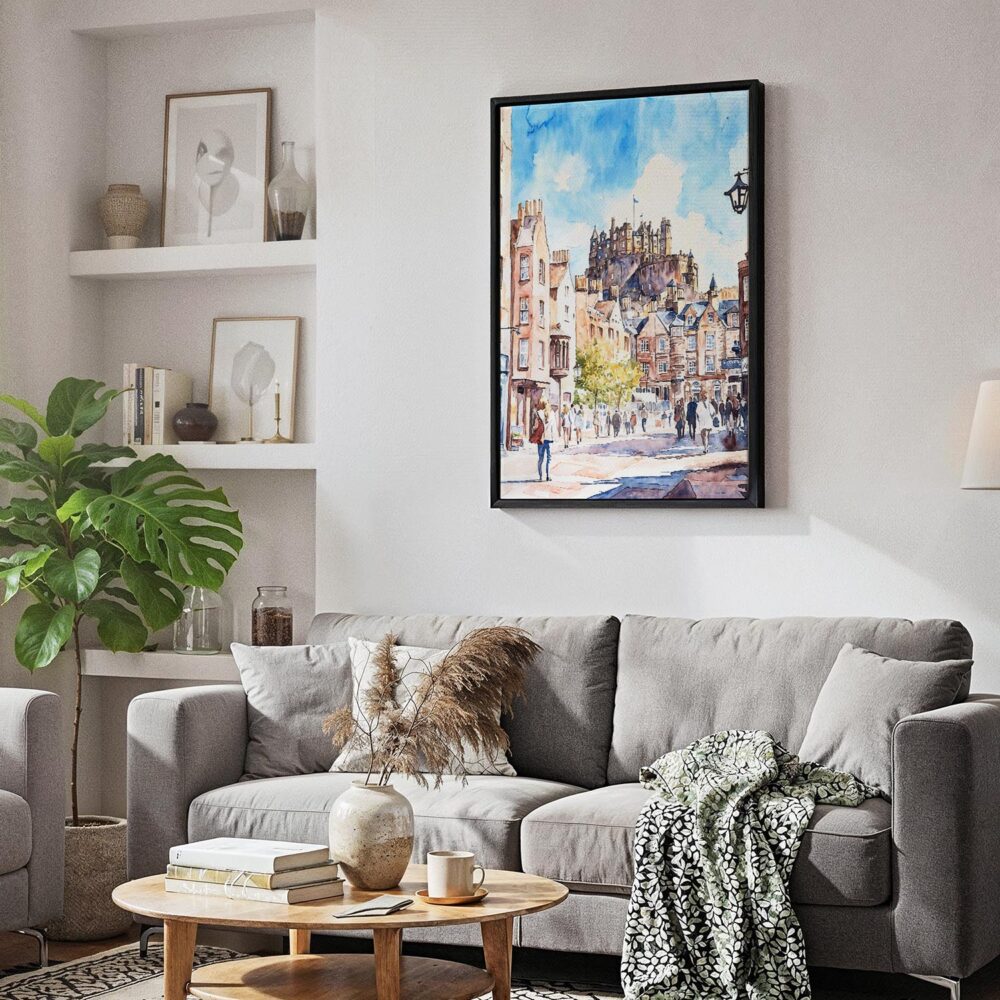 04 - Black Framed Edinburgh watercolor Canvas Print - Skandinavian Living Room - Vertical.jpg 04 - Black Framed Edinburgh watercolor Canvas Print - Skandinavian Living Room - Vertical.jpg