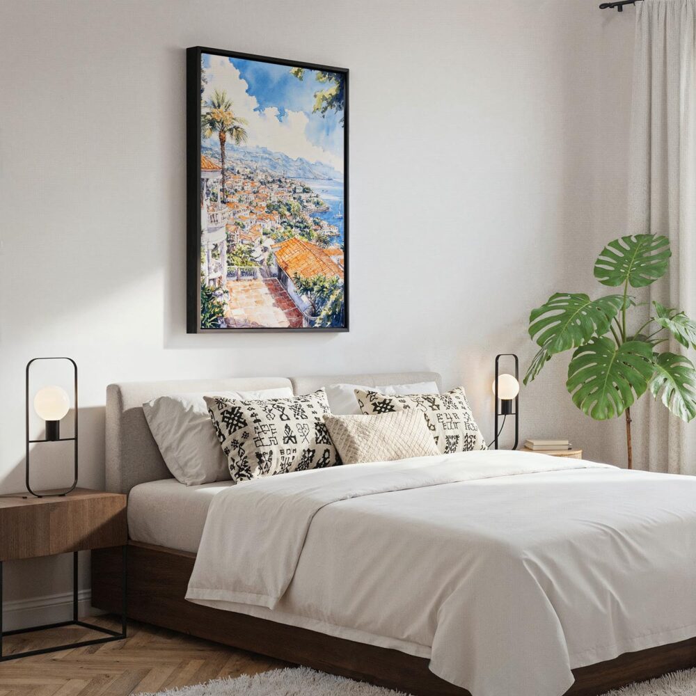 04 - Black Framed Funchal - Watercolor Canvas Print - Bedroom - Vertical.jpg 04 - Black Framed Funchal - Watercolor Canvas Print - Bedroom - Vertical.jpg