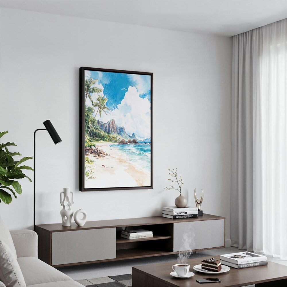 04 - Black Framed Hawaii - Kauai - Watercolor Canvas Print - Contemporary Living Room - Vertical.jpg 04 - Black Framed Hawaii - Kauai - Watercolor Canvas Print - Contemporary Living Room - Vertical.jpg