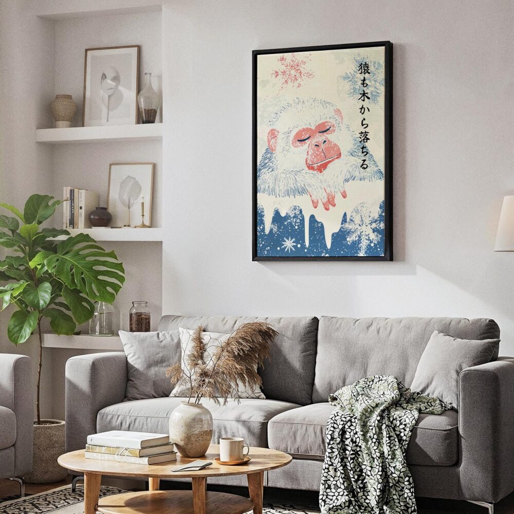 04 - Black Framed Japanese Macaque Vintage Illustration Canvas Print - Skandinavian Living Room - Vertical.jpg 04 - Black Framed Japanese Macaque Vintage Illustration Canvas Print - Skandinavian Living Room - Vertical.jpg