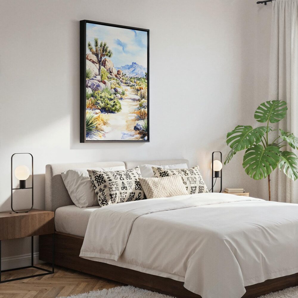 04 - Black Framed Joshua Tree Watercolor Canvas Print - Bedroom - Vertical.jpg 04 - Black Framed Joshua Tree Watercolor Canvas Print - Bedroom - Vertical.jpg