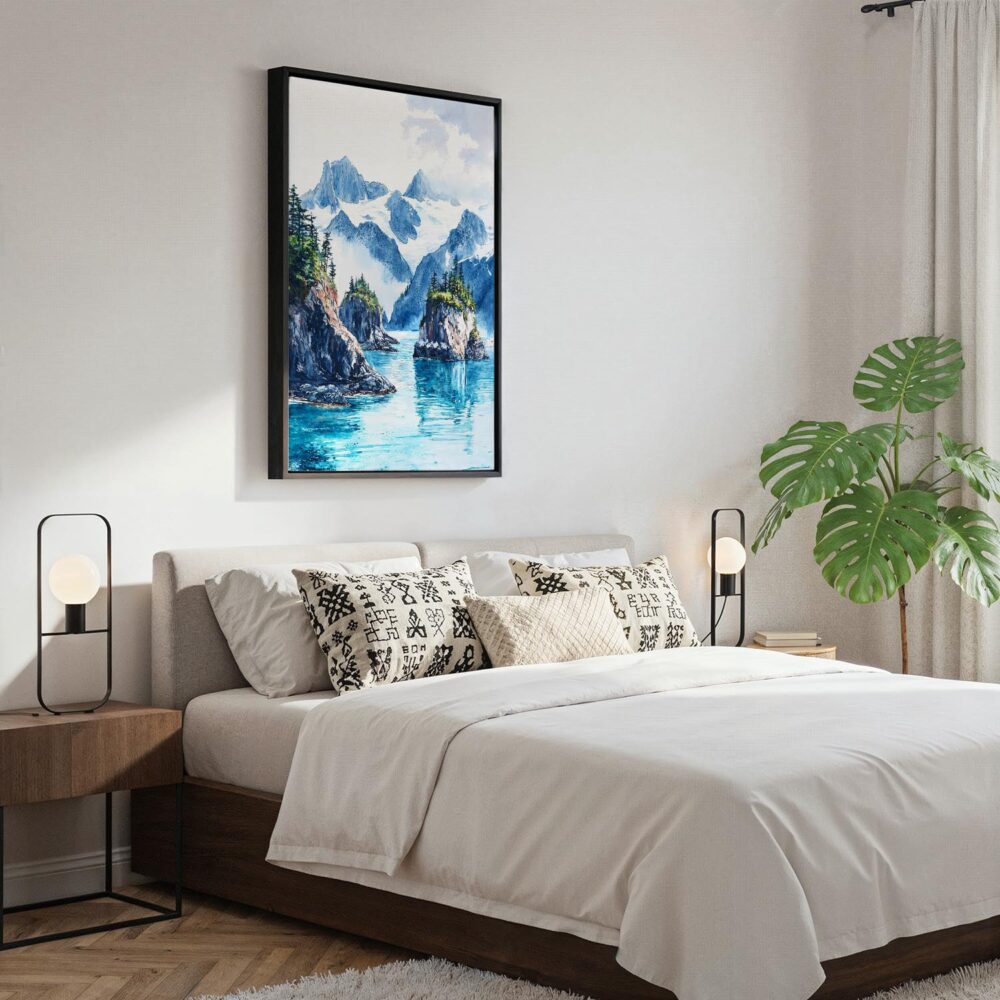 04 - Black Framed Kenai Fjords National Park Watercolor Canvas Print - Bedroom - Vertical.jpg 04 - Black Framed Kenai Fjords National Park Watercolor Canvas Print - Bedroom - Vertical.jpg