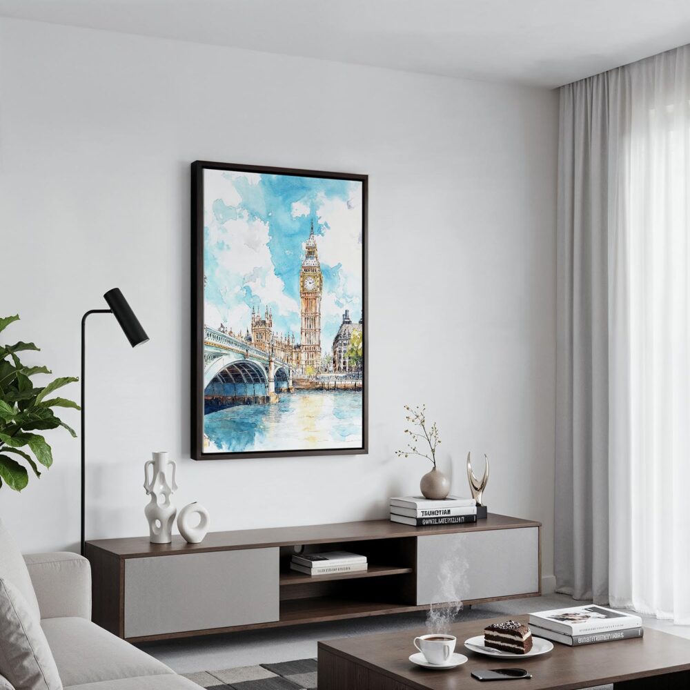 04 - Black Framed London Big Ben - Watercolor Canvas Print - Contemporary Living Room - Vertical.jpg 04 - Black Framed London Big Ben - Watercolor Canvas Print - Contemporary Living Room - Vertical.jpg
