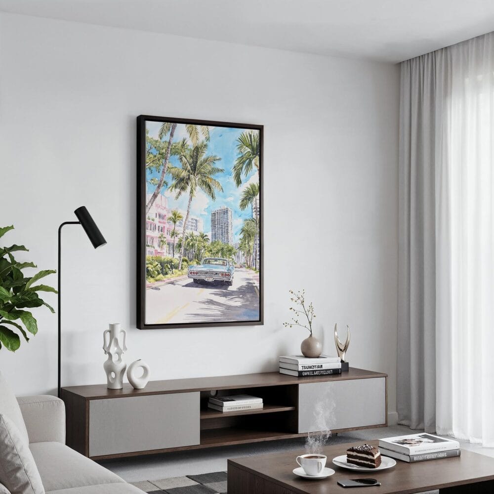 04 - Black Framed Miami Watercolor Canvas Print - Contemporary Living Room - Vertical.jpg 04 - Black Framed Miami Watercolor Canvas Print - Contemporary Living Room - Vertical.jpg