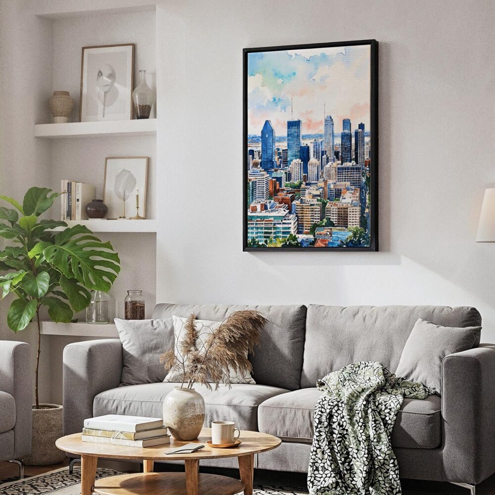 04 - Black Framed Montreal Skyline Watercolor Canvas Print - Skandinavian Living Room - Vertical.jpg 04 - Black Framed Montreal Skyline Watercolor Canvas Print - Skandinavian Living Room - Vertical.jpg
