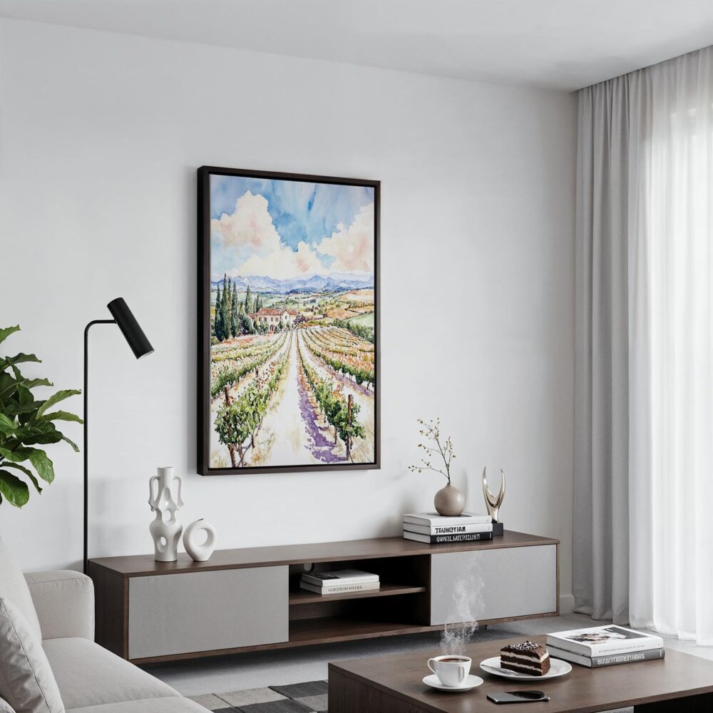 04 - Black Framed Napa Valley Vineyard Watercolor Canvas Print - Contemporary Living Room - Vertical.jpg 04 - Black Framed Napa Valley Vineyard Watercolor Canvas Print - Contemporary Living Room - Vertical.jpg