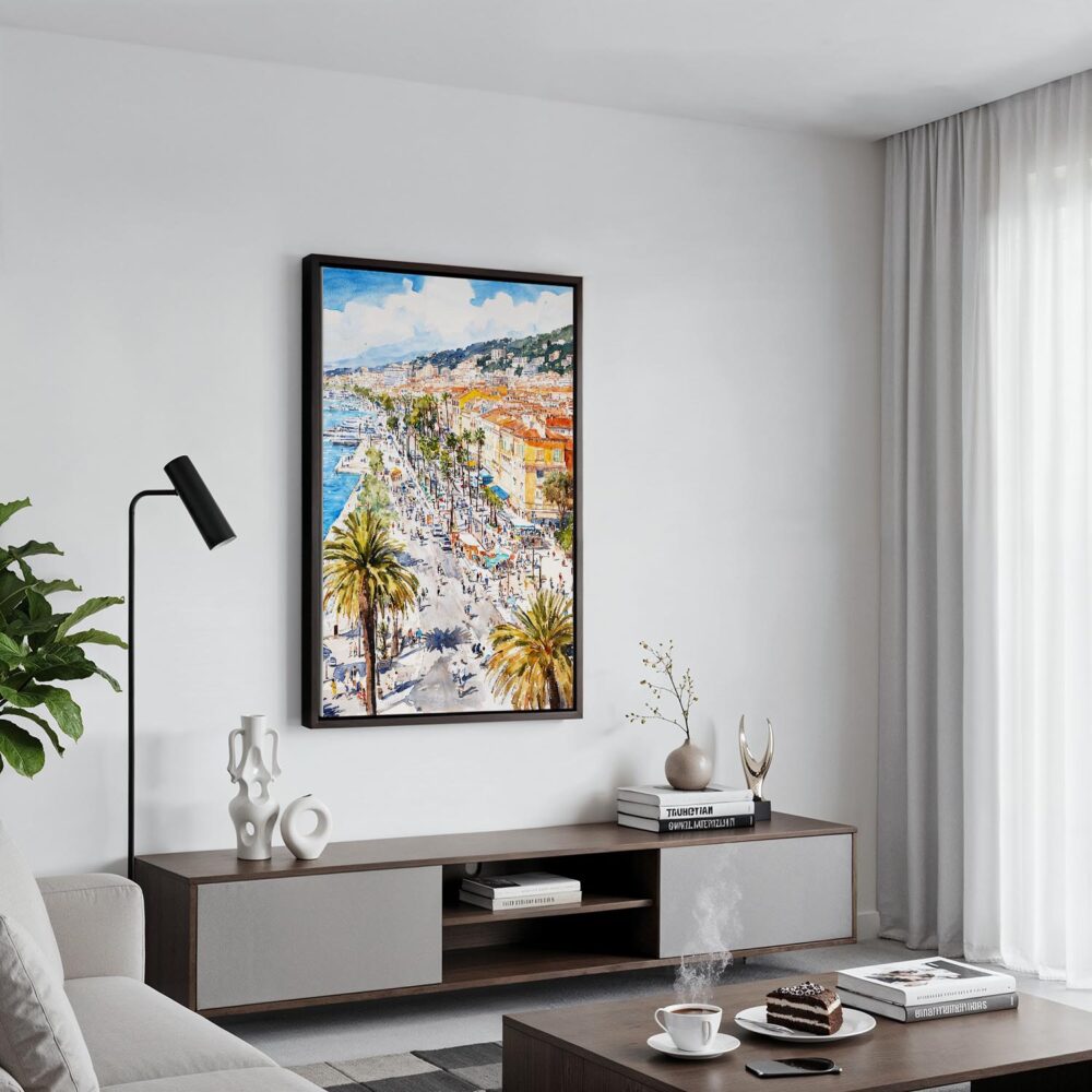 04 - Black Framed Nice French Riviera Watercolor Canvas Print - Contemporary Living Room - Vertical.jpg 04 - Black Framed Nice French Riviera Watercolor Canvas Print - Contemporary Living Room - Vertical.jpg