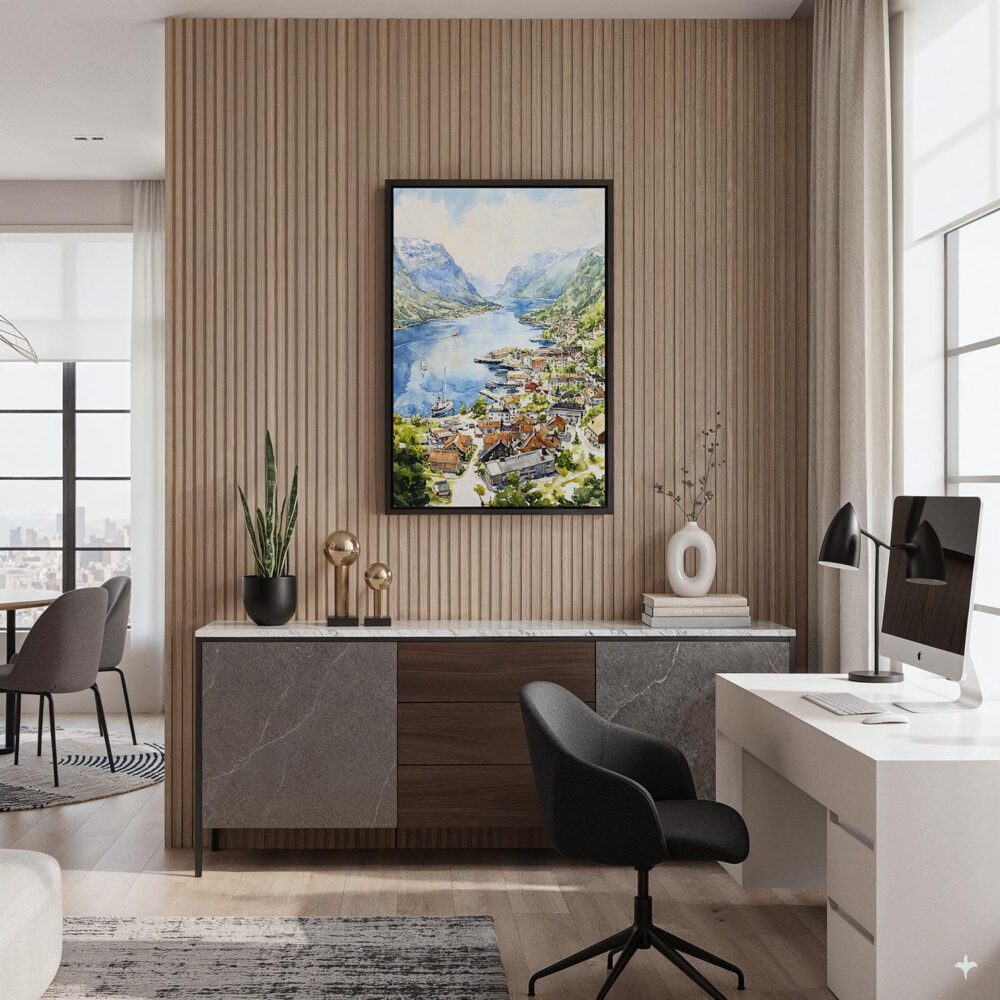 04 - Black Framed Norwegian Fjords Watercolor Canvas Print - Home Office - Vertical.jpg 04 - Black Framed Norwegian Fjords Watercolor Canvas Print - Home Office - Vertical.jpg