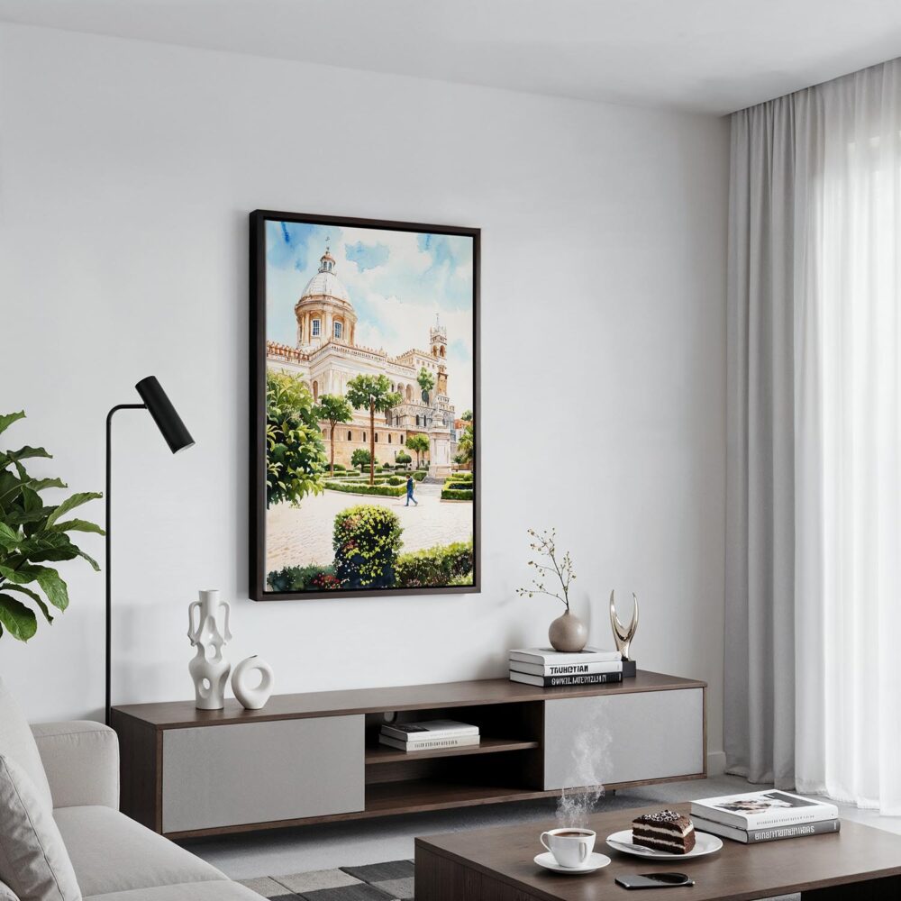 04 - Black Framed Palermo Watercolor Canvas Print - Contemporary Living Room - Vertical.jpg 04 - Black Framed Palermo Watercolor Canvas Print - Contemporary Living Room - Vertical.jpg