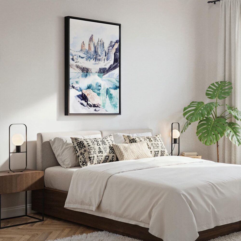 04 - Black Framed Patagonia Torres Del Paine Watercolor Canvas Print - Bedroom - Vertical.jpg 04 - Black Framed Patagonia Torres Del Paine Watercolor Canvas Print - Bedroom - Vertical.jpg
