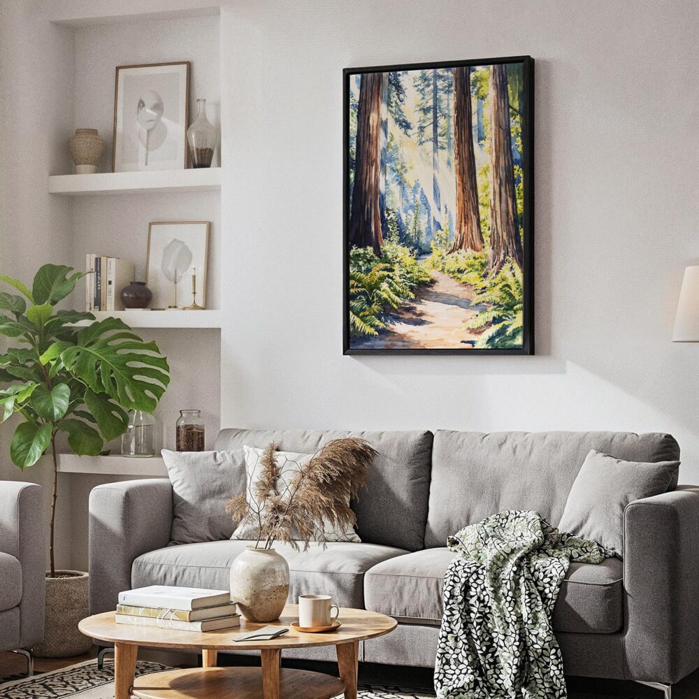 04 - Black Framed Redwood Nationall Park Watercolor Canvas Print - Skandinavian Living Room - Vertical.jpg 04 - Black Framed Redwood Nationall Park Watercolor Canvas Print - Skandinavian Living Room - Vertical.jpg