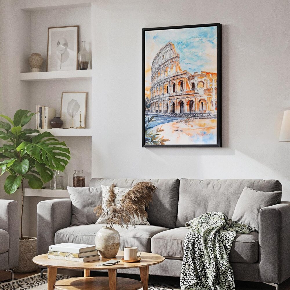 04 - Black Framed Rome Colosseum Watercolor Canvas Print - Skandinavian Living Room - Vertical.jpg 04 - Black Framed Rome Colosseum Watercolor Canvas Print - Skandinavian Living Room - Vertical.jpg