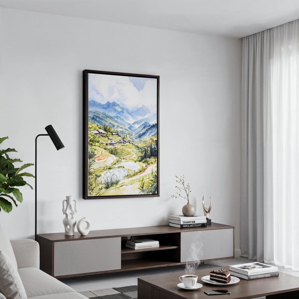 04 - Black Framed Sapa Vietnam Watercolor Canvas Print - Contemporary Living Room - Vertical.jpg 04 - Black Framed Sapa Vietnam Watercolor Canvas Print - Contemporary Living Room - Vertical.jpg