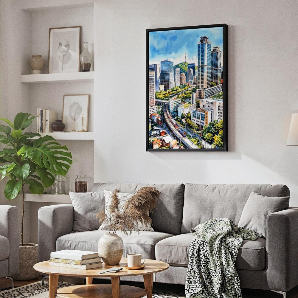 04 - Black Framed Seoul Skyline Watercolor Canvas Print - Skandinavian Living Room - Vertical.jpg 04 - Black Framed Seoul Skyline Watercolor Canvas Print - Skandinavian Living Room - Vertical.jpg