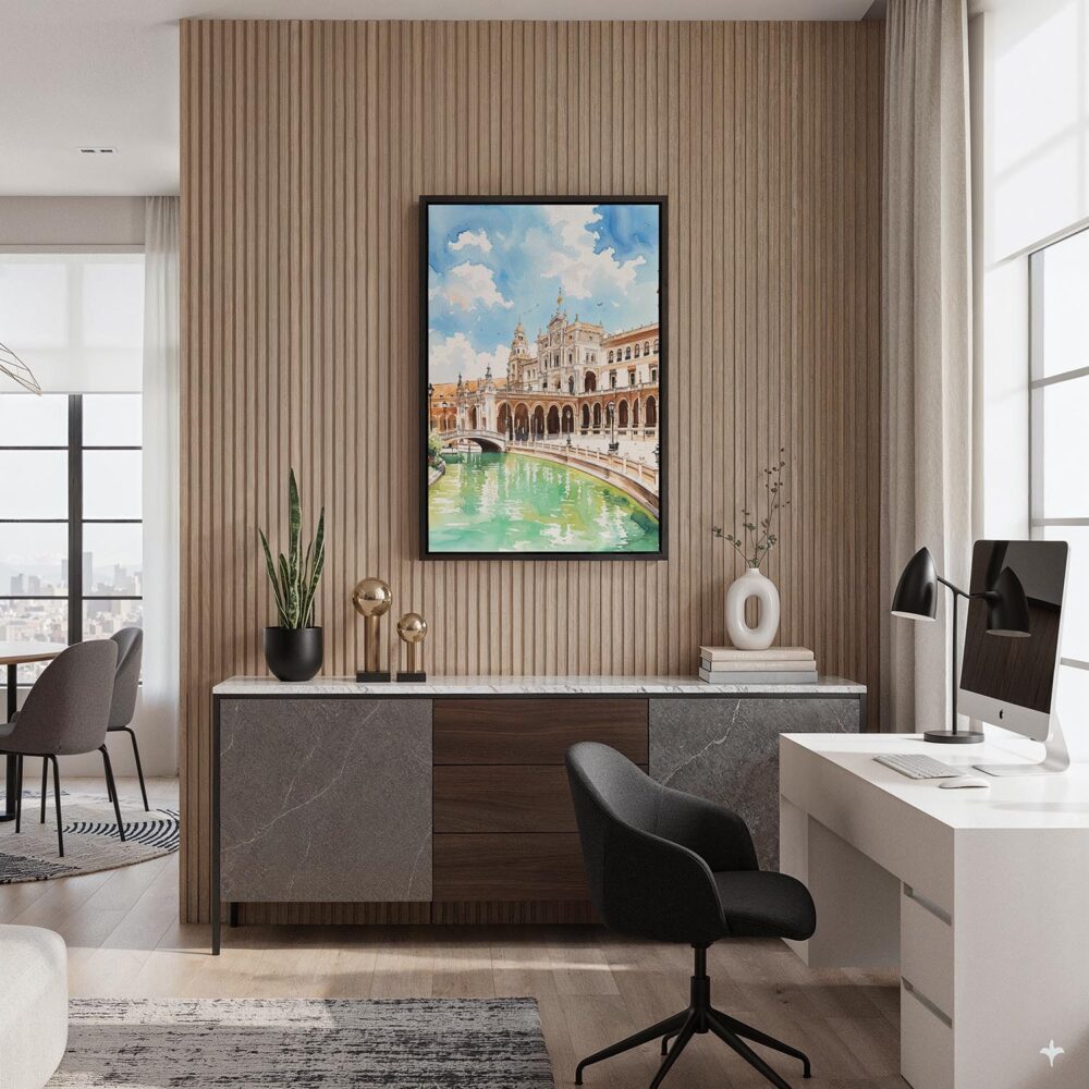 04 - Black Framed Seville Plaza De Espana Watercolor Canvas Print - Home Office - Vertical.jpg 04 - Black Framed Seville Plaza De Espana Watercolor Canvas Print - Home Office - Vertical.jpg