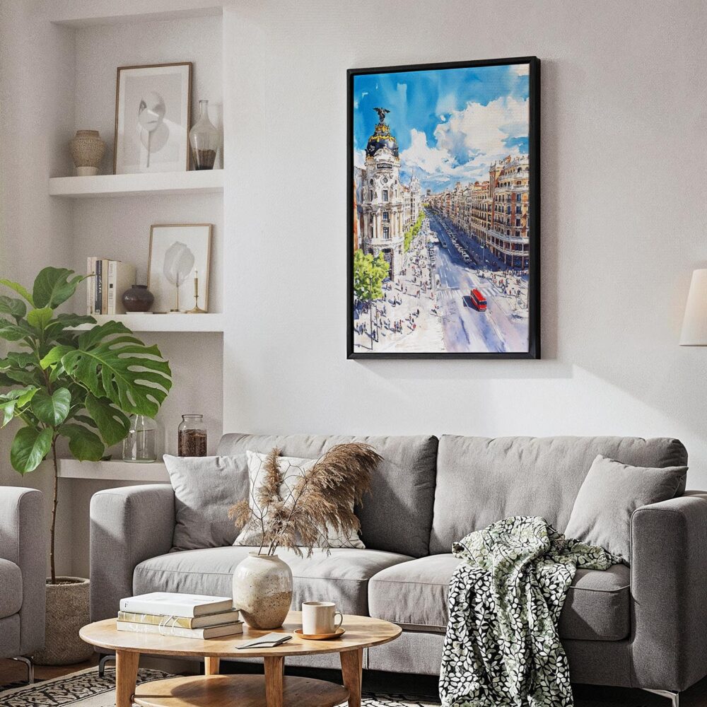 04 - Black Framed Spain Madrid Watercolor Canvas Print - Skandinavian Living Room - Vertical.jpg 04 - Black Framed Spain Madrid Watercolor Canvas Print - Skandinavian Living Room - Vertical.jpg