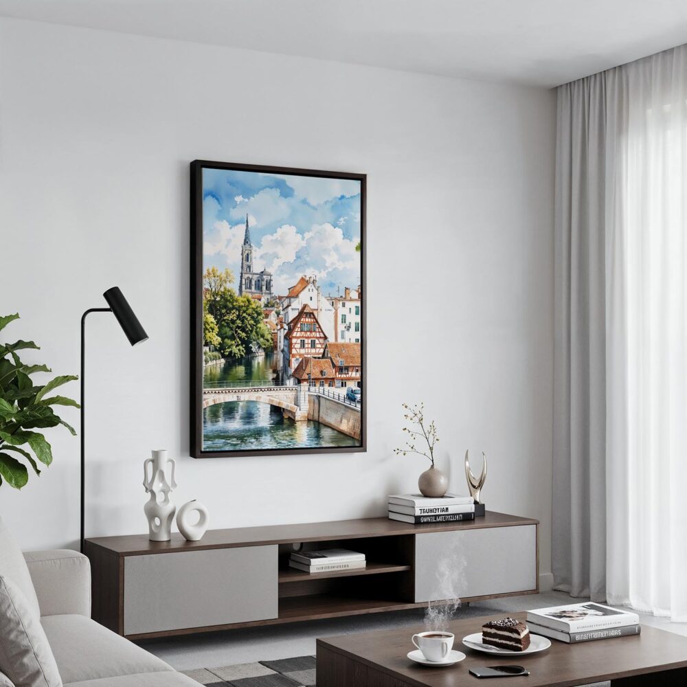 04 - Black Framed Strasbourg France Watercolor Canvas Print - Contemporary Living Room - Vertical.jpg 04 - Black Framed Strasbourg France Watercolor Canvas Print - Contemporary Living Room - Vertical.jpg