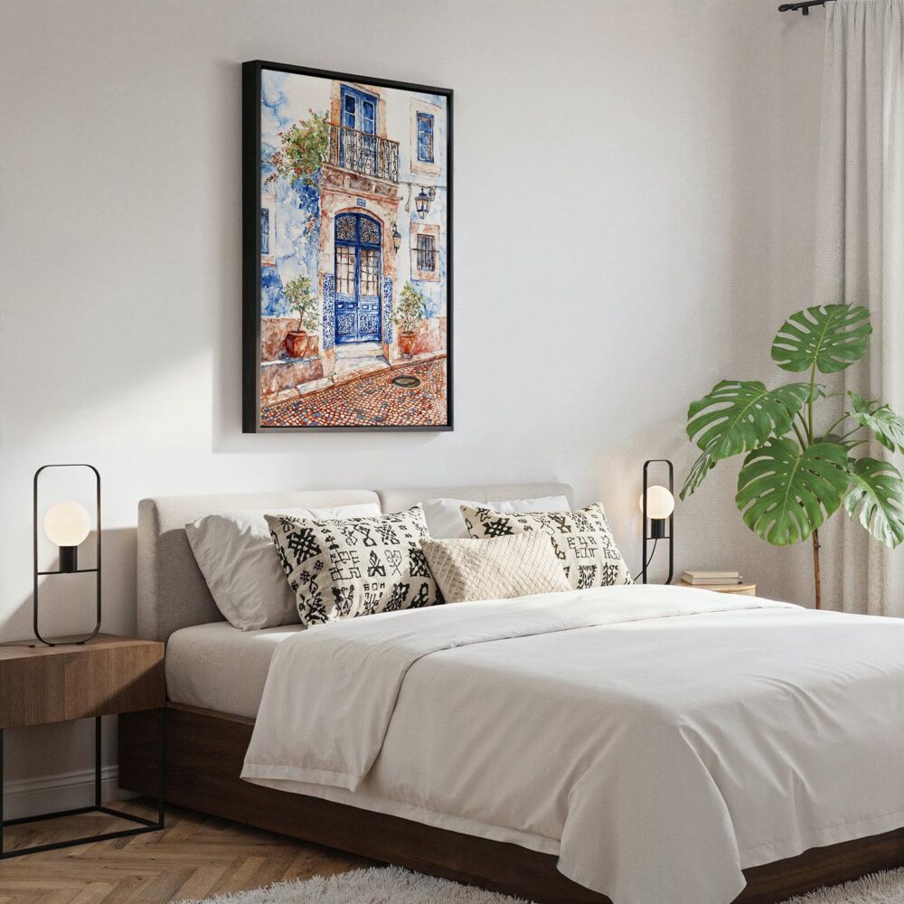 04 - Black Framed Streets of Lisbon Portugal Watercolor Canvas Print - Bedroom - Vertical.jpg 04 - Black Framed Streets of Lisbon Portugal Watercolor Canvas Print - Bedroom - Vertical.jpg