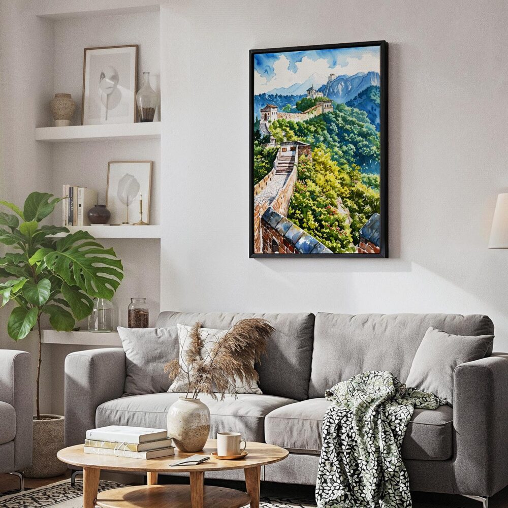 04 - Black Framed The Great Wall of China Watercolor Canvas Print - Skandinavian Living Room - Vertical.jpg 04 - Black Framed The Great Wall of China Watercolor Canvas Print - Skandinavian Living Room - Vertical.jpg