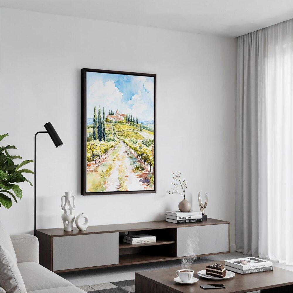 04 - Black Framed Tuscany Italy Watercolor Canvas Print - Contemporary Living Room - Vertical.jpg 04 - Black Framed Tuscany Italy Watercolor Canvas Print - Contemporary Living Room - Vertical.jpg
