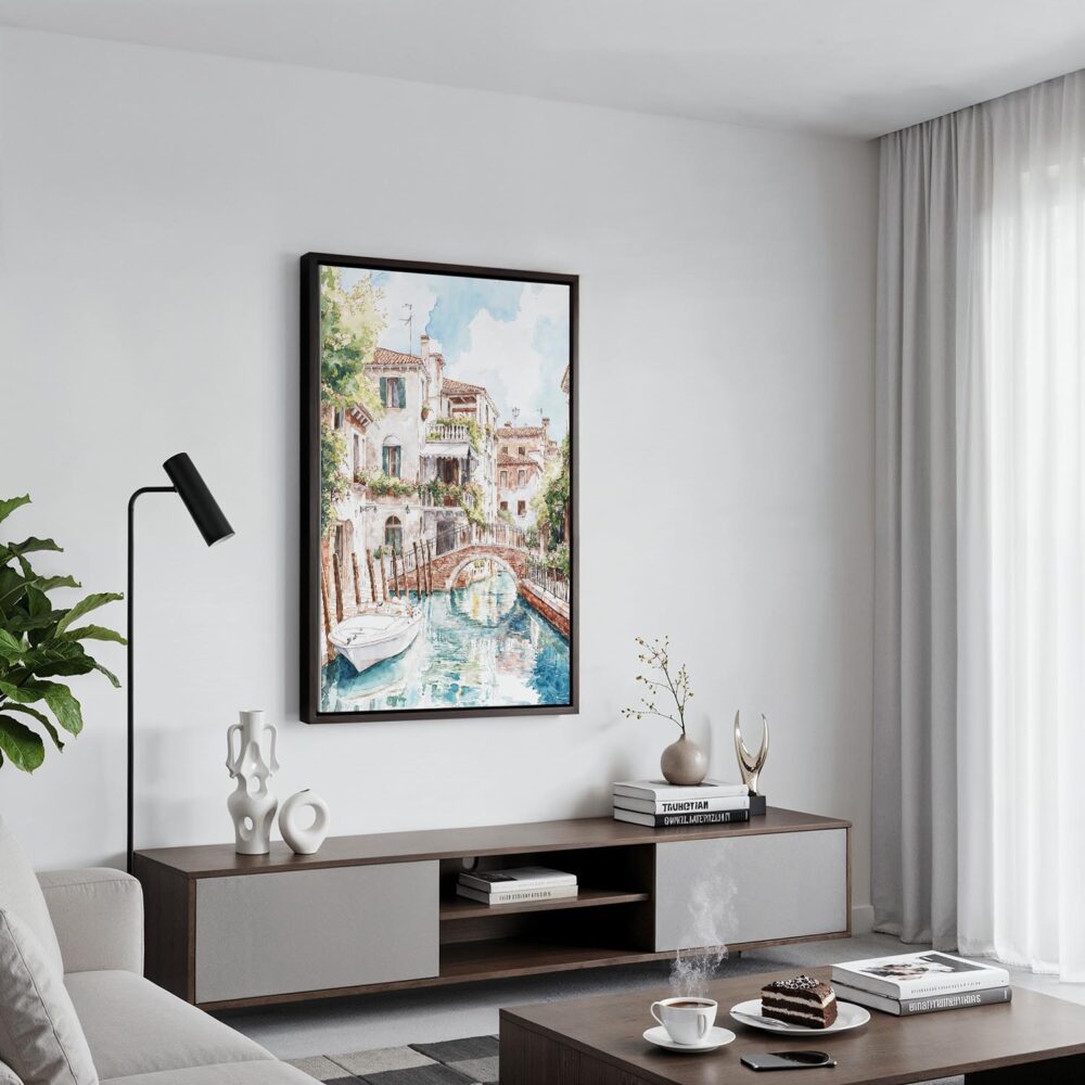 04 - Black Framed Venice Canal - Watercolor Canvas Print - Contemporary Living Room - Vertical.jpg 04 - Black Framed Venice Canal - Watercolor Canvas Print - Contemporary Living Room - Vertical.jpg