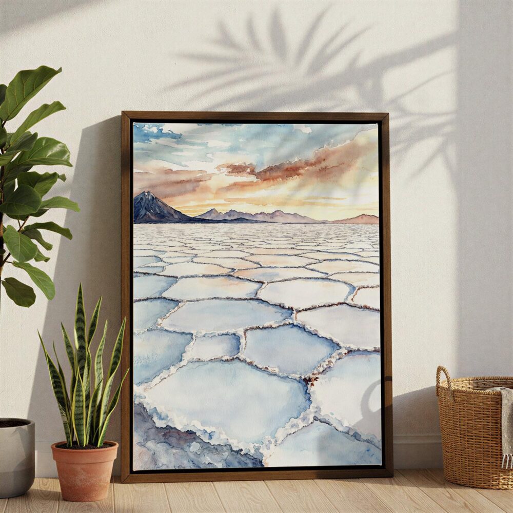 04 - Bolivia Salar de Uyuni Watercolor Canvas Print with Brown Floater Frame - Standing on Floor - Vertical.jpg 04 - Bolivia Salar de Uyuni Watercolor Canvas Print with Brown Floater Frame - Standing on Floor - Vertical.jpg