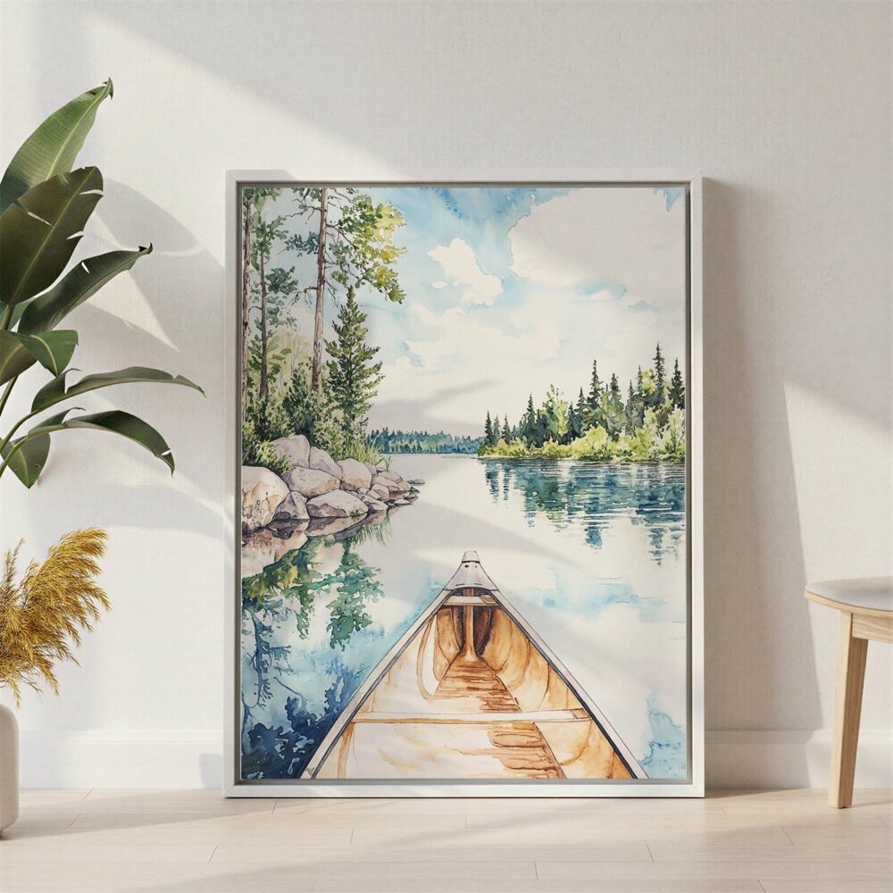 04 - Boundary Waters Minnesota Watercolor Canvas Print with White Floater Frame - Standing on Floor - Vertical.jpg 04 - Boundary Waters Minnesota Watercolor Canvas Print with White Floater Frame - Standing on Floor - Vertical.jpg
