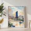 04 - Brisbane Skyline Watercolor Canvas Print with White Floater Frame - Standing on Floor - Vertical.jpg