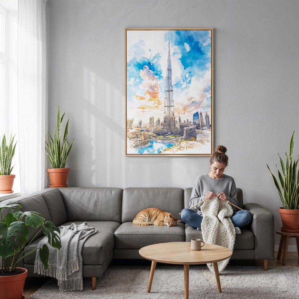 04 - Burj Khalifa Dubai Watercolor Canvas Print with Natural Floater Frame - Woman Knitting on grey couch - Vertical.jpg 04 - Burj Khalifa Dubai Watercolor Canvas Print with Natural Floater Frame - Woman Knitting on grey couch - Vertical.jpg