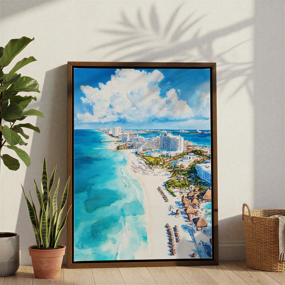 04 - Cancun Mexico Watercolor Canvas Print with Brown Floater Frame - Standing on Floor - Vertical.jpg 04 - Cancun Mexico Watercolor Canvas Print with Brown Floater Frame - Standing on Floor - Vertical.jpg
