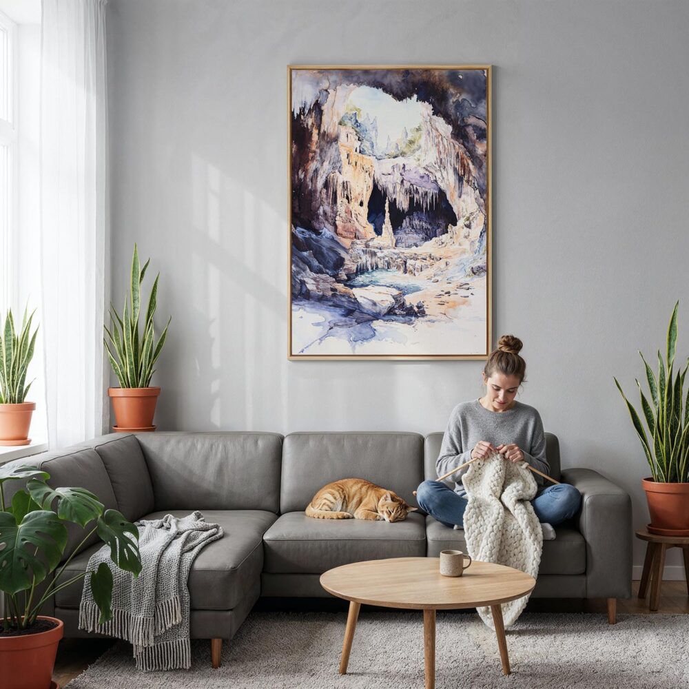 04 - Carlsbad Caverns National Park Watercolor Canvas Print with Natural Floater Frame - Woman Knitting on grey couch - Vertical.jpg 04 - Carlsbad Caverns National Park Watercolor Canvas Print with Natural Floater Frame - Woman Knitting on grey couch - Vertical.jpg